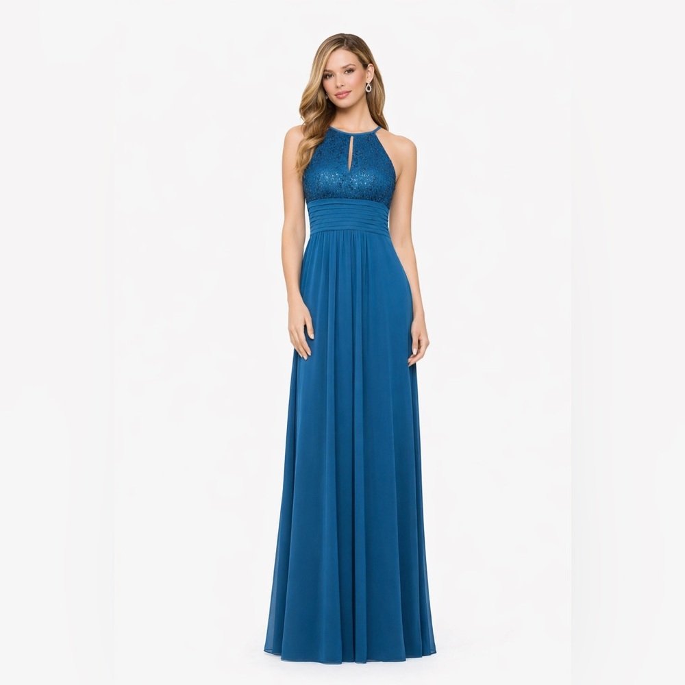 Betsy & Adam Teal Halter Sequin Chiffon Gown Petite Size 2P Formal Evening - Picture 1 of 8